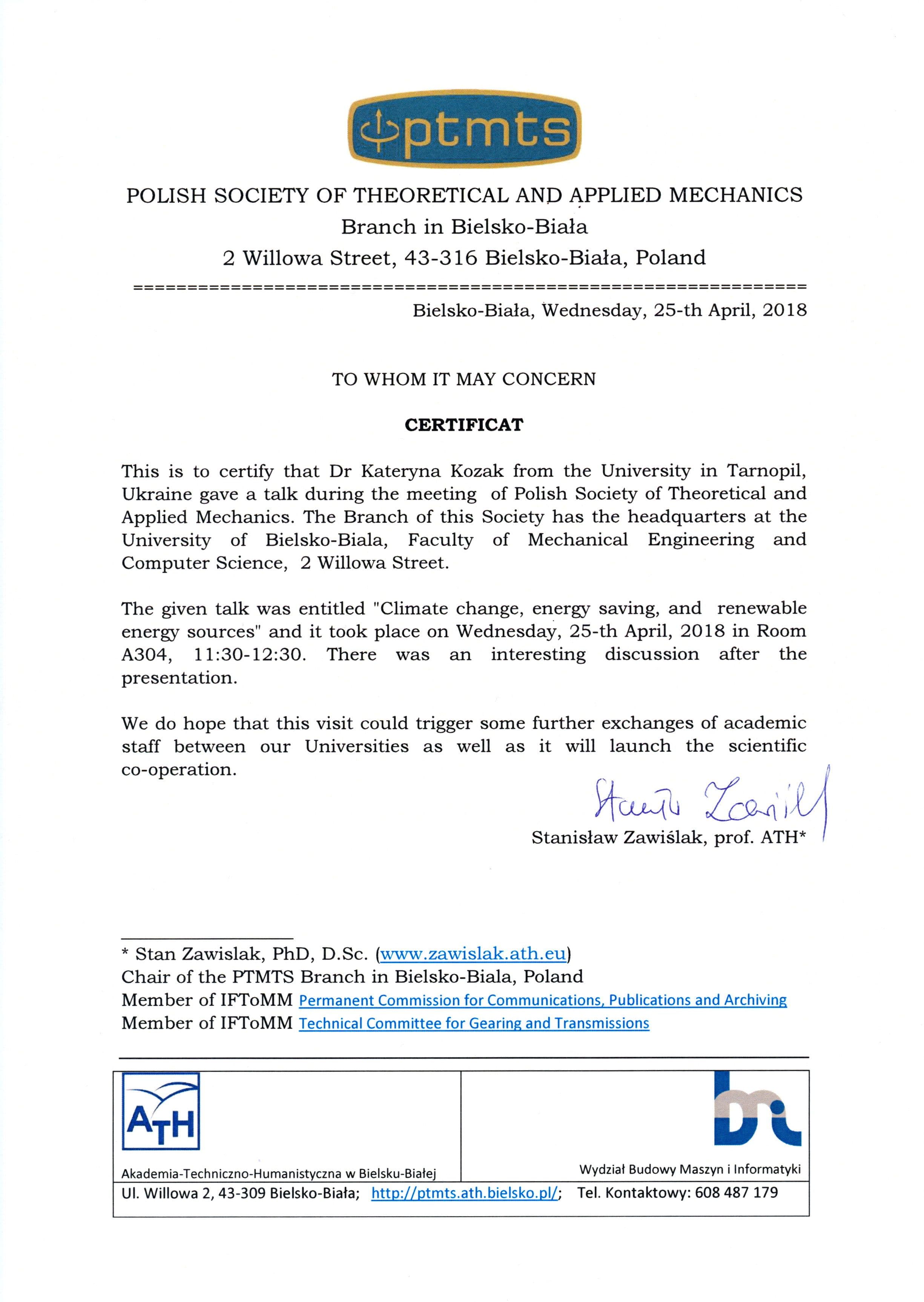 2018-04. Certificate from Polish Society of Theoretical and Applied Mechanics