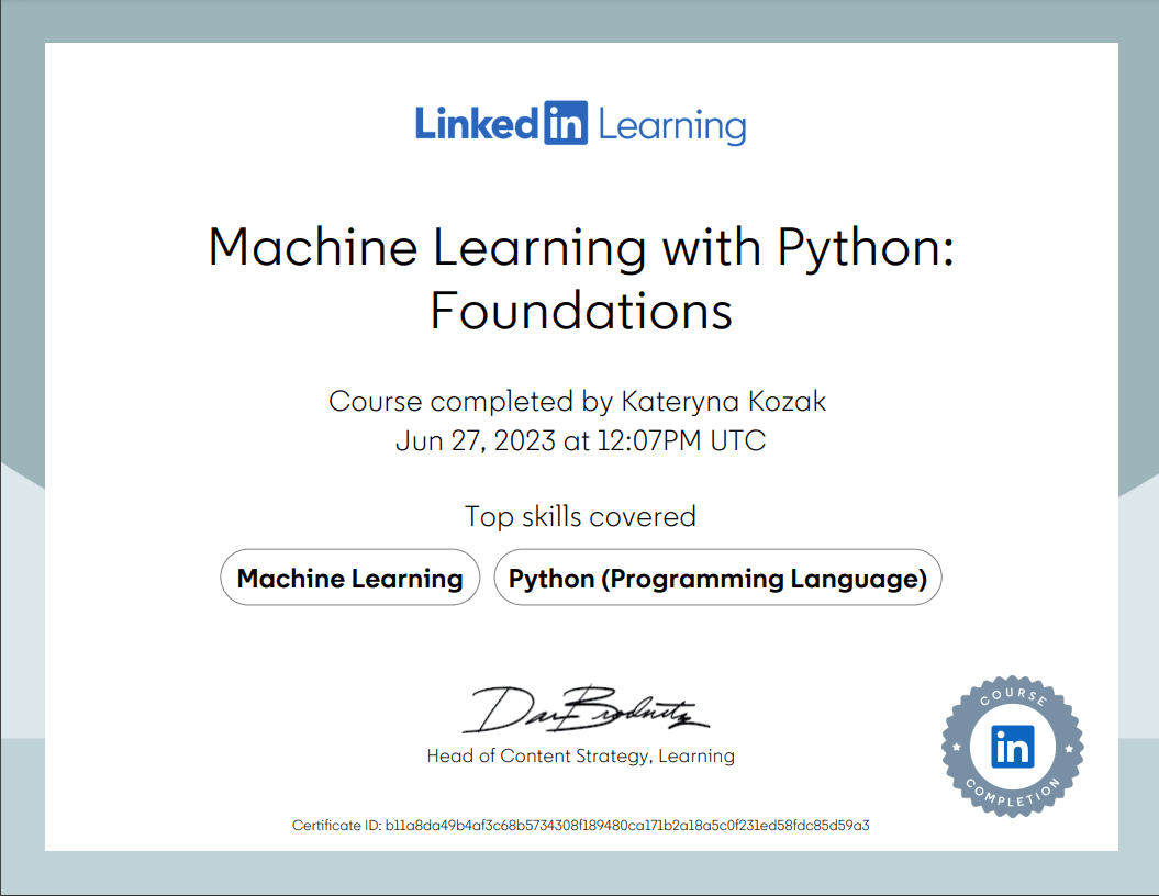 2023-06-27. LinkedIn Learning Certificate