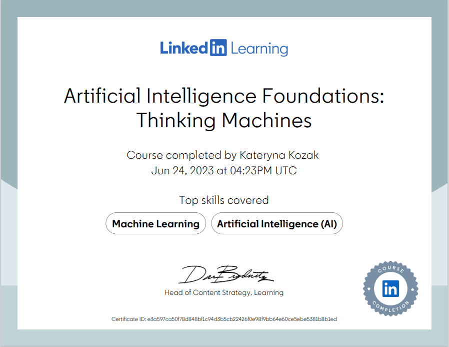 2023-06-24. LinkedIn Learning Certificate